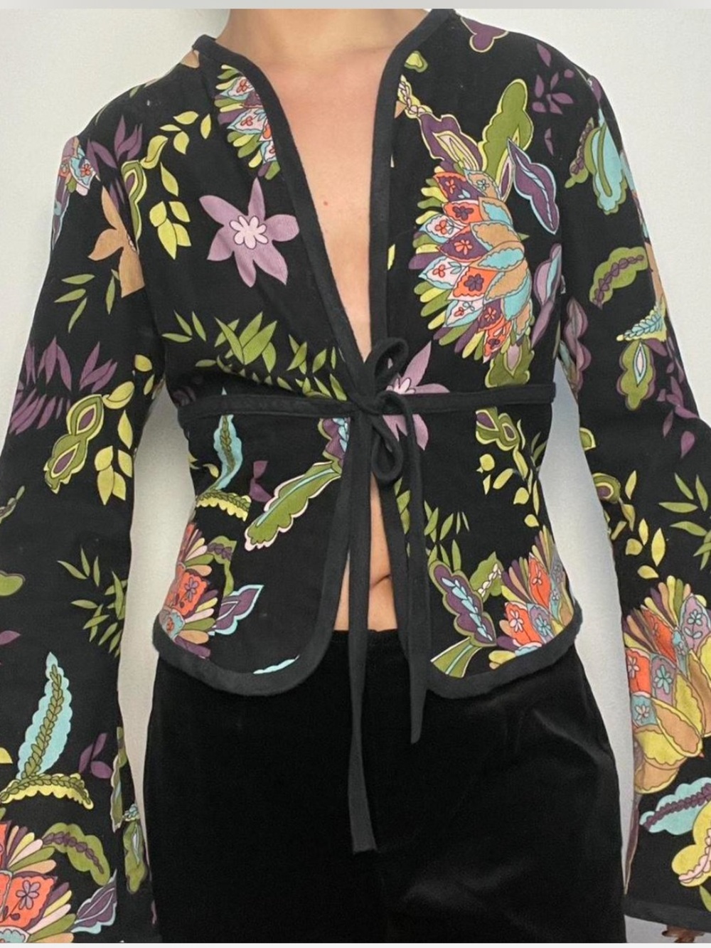 Trina Turk Black Floral Tie-Front Blazer